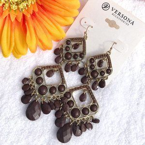 Long Boho Earrings Festival Bead Dangles Brown NWT